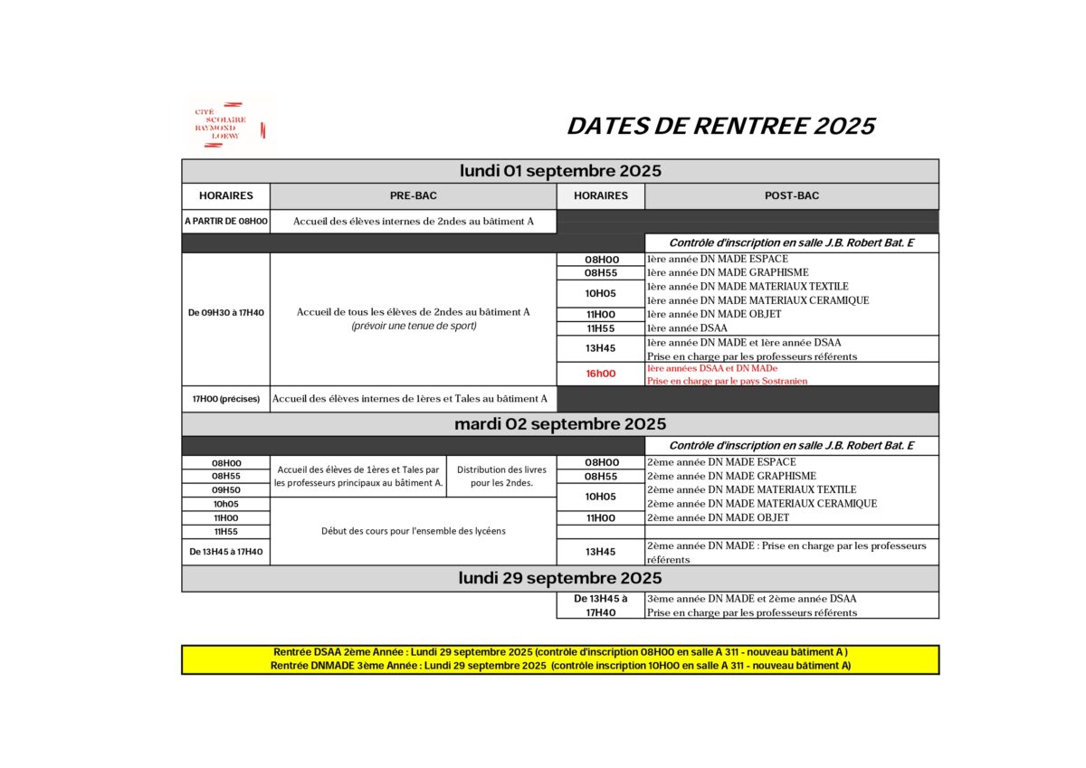 Dates de rentrée 2025 pour le lycée pré bac et post bac